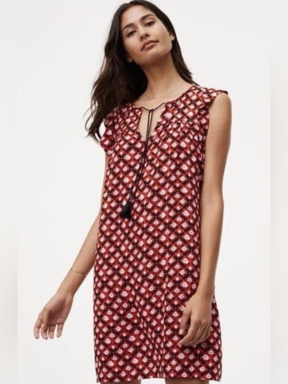 LOFT | Ann Taylor Red and Black Patterned Amaryllis Tassel Midi Shift Dress